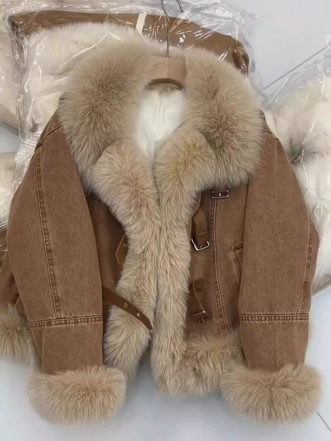 Big Fur Collar Denim Quilted Jacket for Women Autumn Winter Korean Chic Style Beautiful Thick Warm Cotton Coat