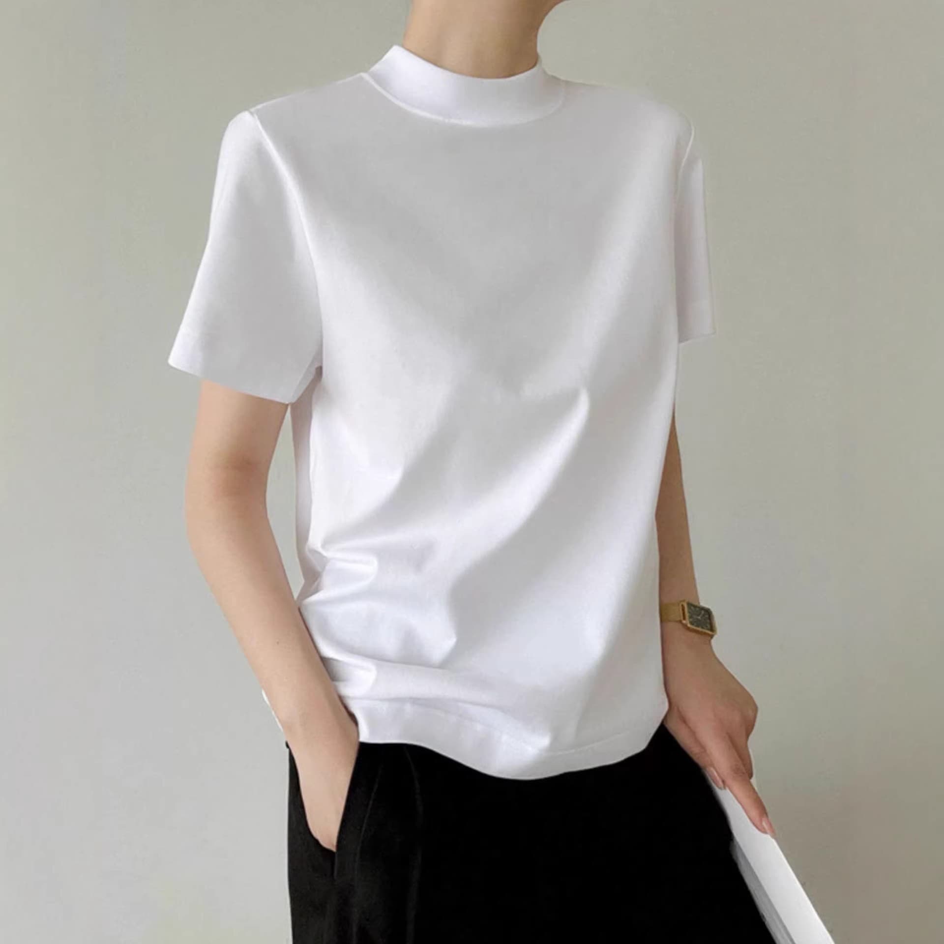 Minimalist design, back seam, pure cotton T-shirt, women's short-sleeved, loose-fitting, stand-up collar, versatile top.