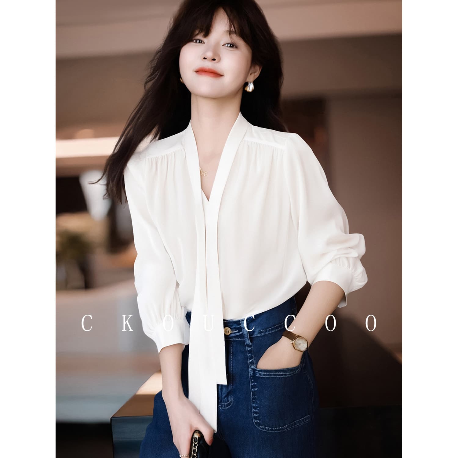 Rongtai Professional Office Style V-Neck Tie Drape Blouse Women Casual Long-Sleeve Shirt Ambiance Workwear