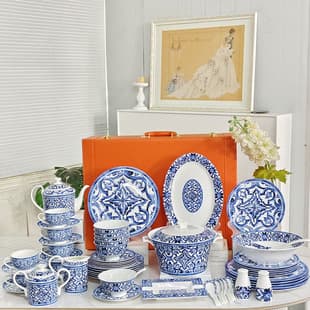 Cross-border European Vintage Blue and White Floral Pattern Bone China Dinnerware Set, 58-Piece Gift Box Set