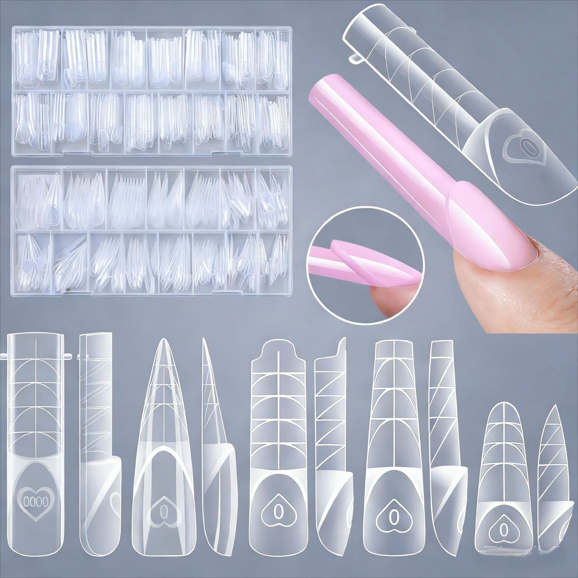 French Space Nail Tips 150pcs Boxed with Scale Transparent Crystal Gel Extension Nail Art