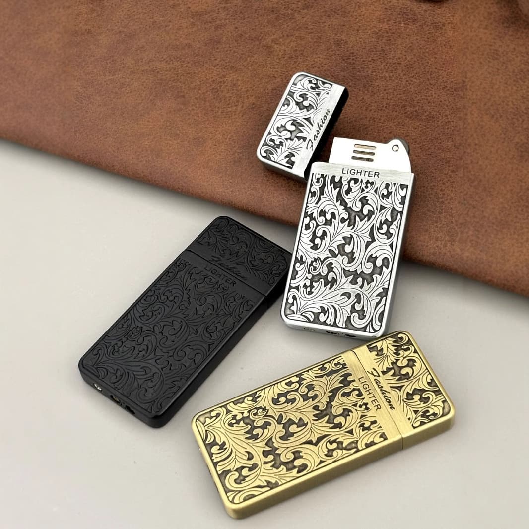 New Embossed Scroll Thin Gas Lighter Antique Flint Wheel Classic Flame Lighter Quality Gift Wholesale