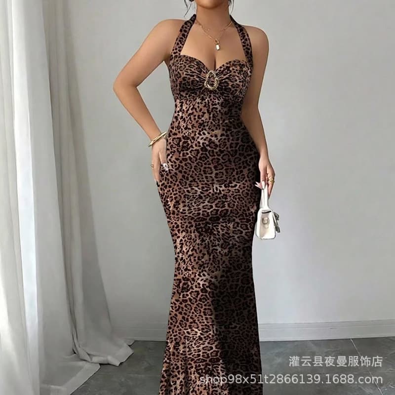 Summer new sexy lace-up leopard print slit dress slim fit and figure-showing retro leopard print halter neck tube top dress