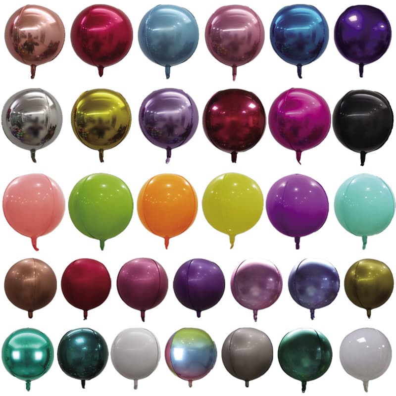 4D foil balloons, 10-inch, 15-inch, 18-inch, 22-inch, and 32-inch, 4D round foil balloons for decoration and arrangement.
