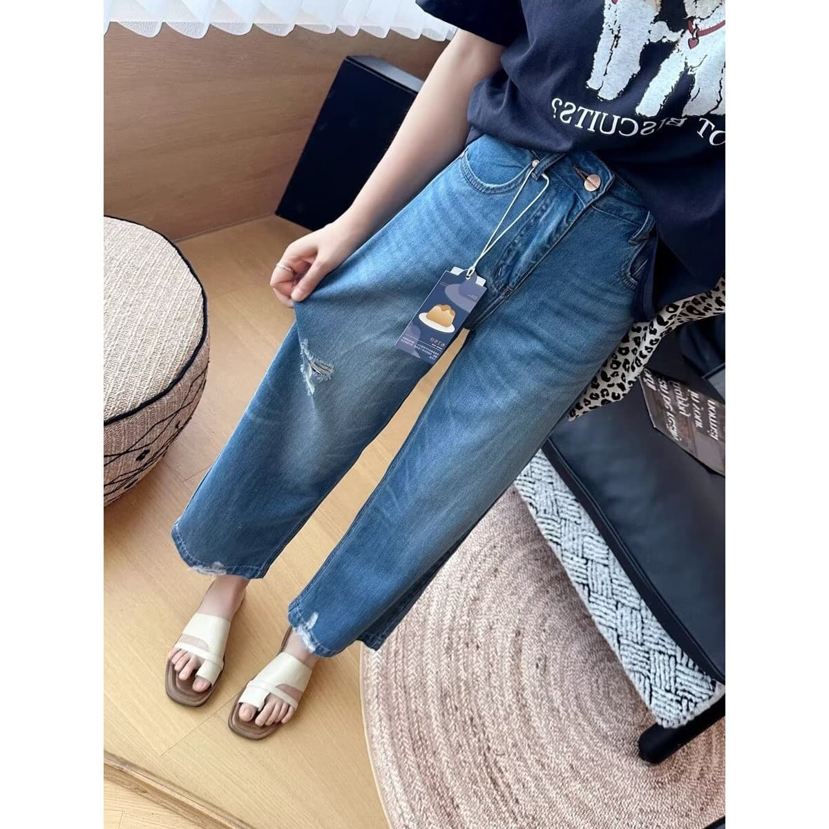 Plus size jeans for women, loose straight wide-leg pants, high waist, slimming, floor-length, versatile