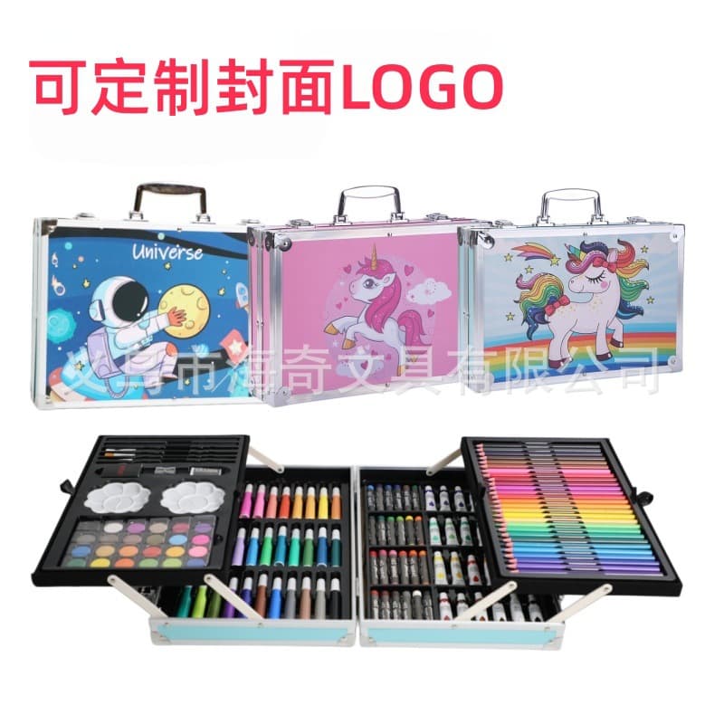 145 Double-Layer Aluminum Box Painting Set Watercolor Pens Children's Crayons Oil Pastels Graffiti Gift Art Stationery