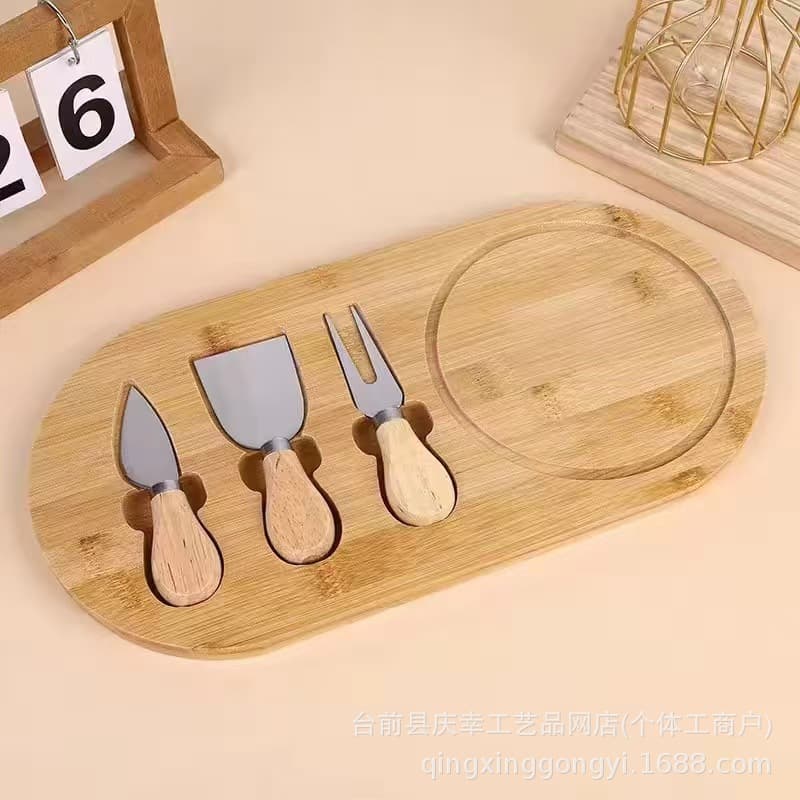 Stainless Steel Cheese Knife 4-Piece Set with Rubber Wood Handle, Butter Knife, Pizza Cheese Knife, Fork, Spatula Cheese Knife Set