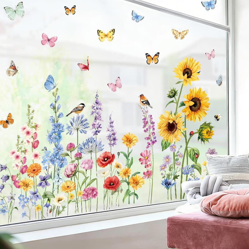 New Spring Butterfly Window Stickers Floral Pvc Self-Adhesive Fresh Plant Sunflower Bird Wall Stickers Kitchen Cabinet Stickers
