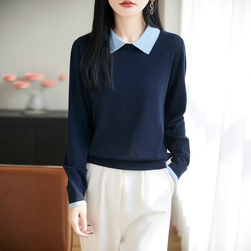 2026 Spring-Autumn New Fine Wool Women's Polo Collar Knit Long-Sleeve Color-Block Loose Pullover Faux Two-Piece Top