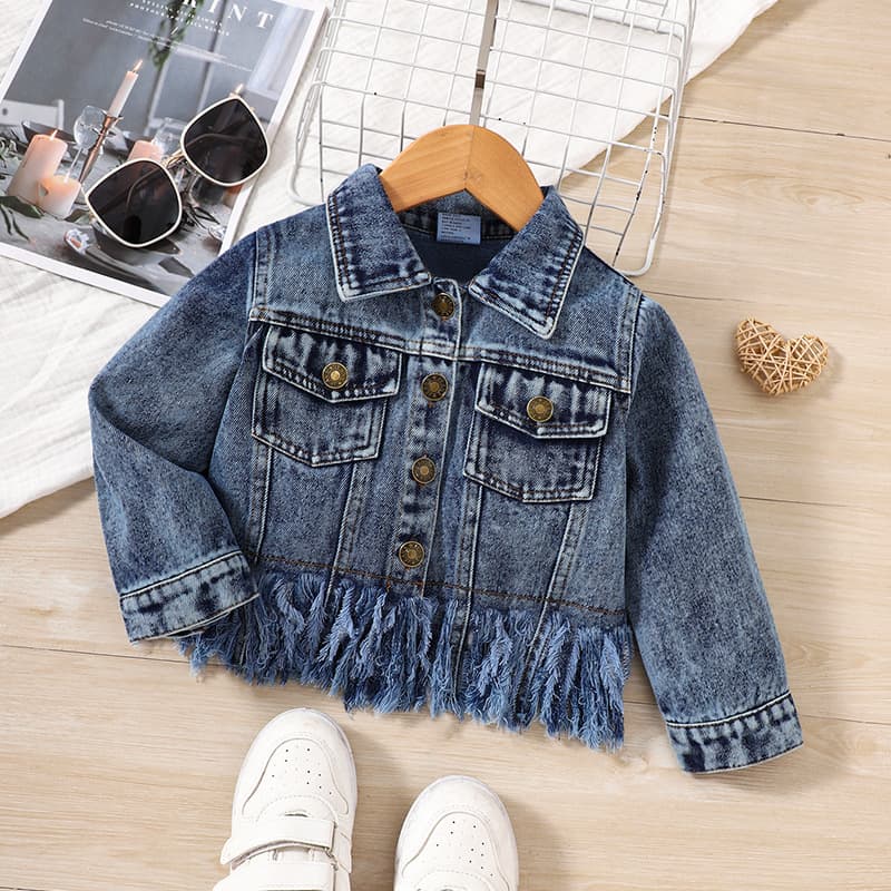2026 New Denim Jacket Baby Girl Top Girls Autumn Korean Style Jacket Tassel Hem Versatile Top Trendy