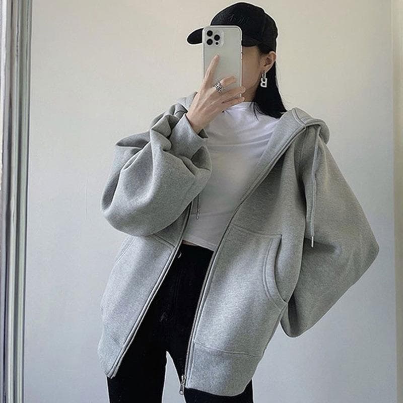2025 New Slim Hooded Zip-Up Jacket Unisex Autumn Loose Casual Grey Sweatshirt Simple Top