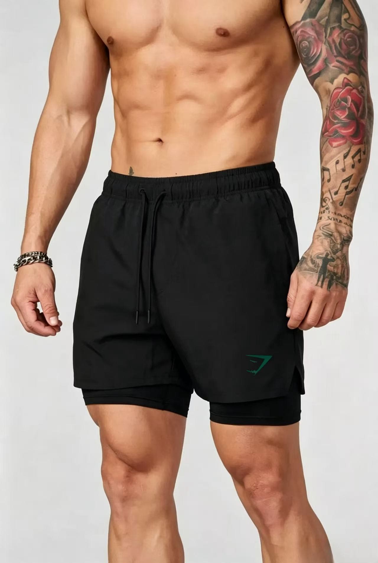 GYMSHARK Men's 2-in-1 Shorts, Double-Layer Shorts for Muscle Workout, Training, Fitness, Casual, Loose Fit, Printed Shorts