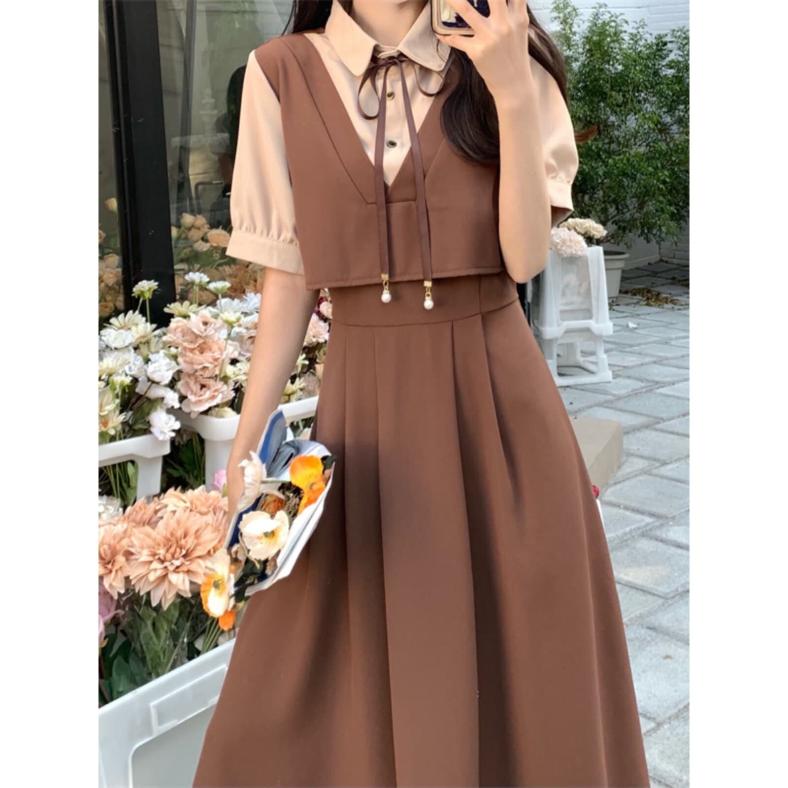 Plus Size Women's Summer College Style Dress Two-Piece Set, Flattering Short Sleeve Dress for Chubby Figures, Teacher Certification Interview Long Dress