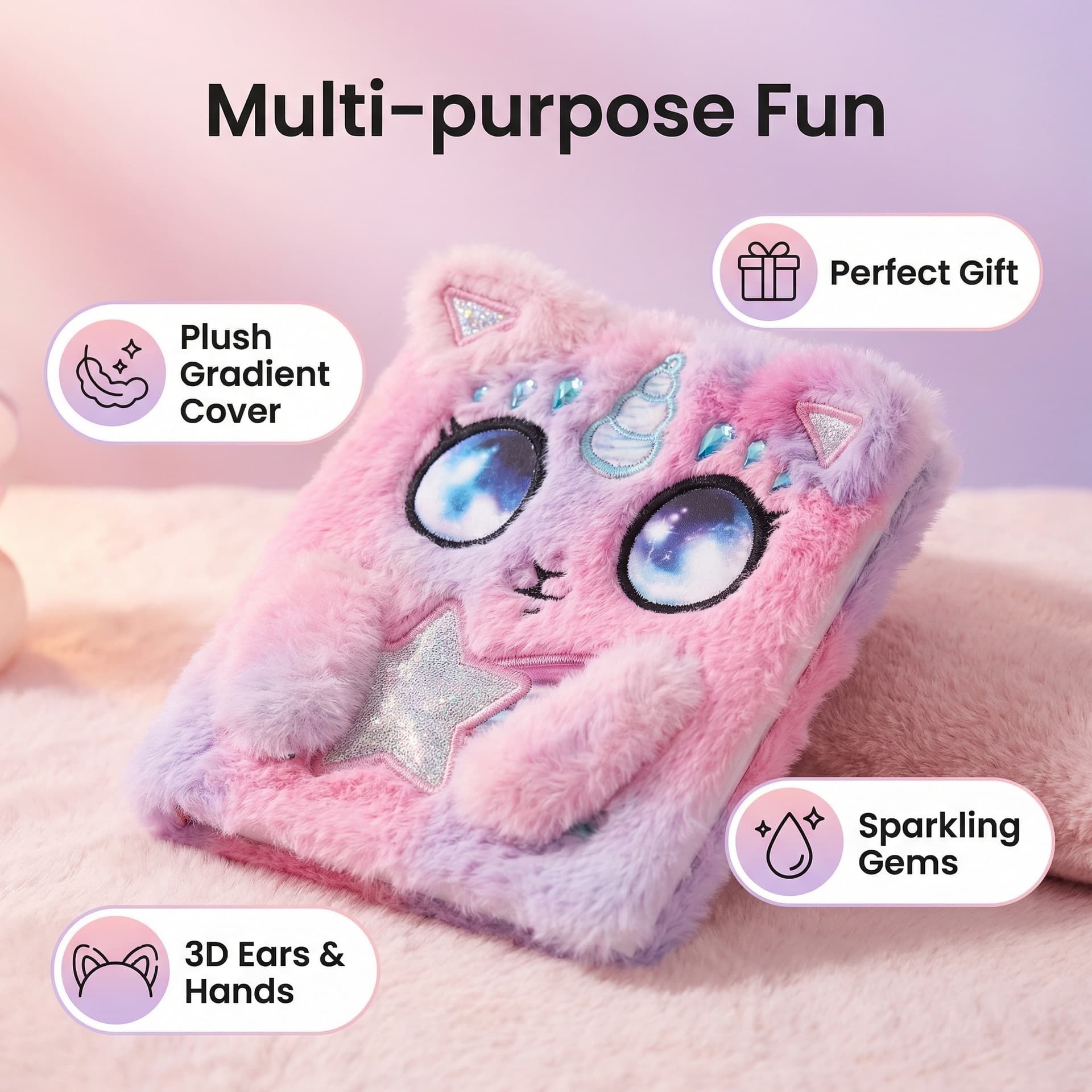 Cute Plush Unicorn Notebook, Children's Birthday Gift for Girls, Heart-Shaped Notepad with Diamond 3D Ears