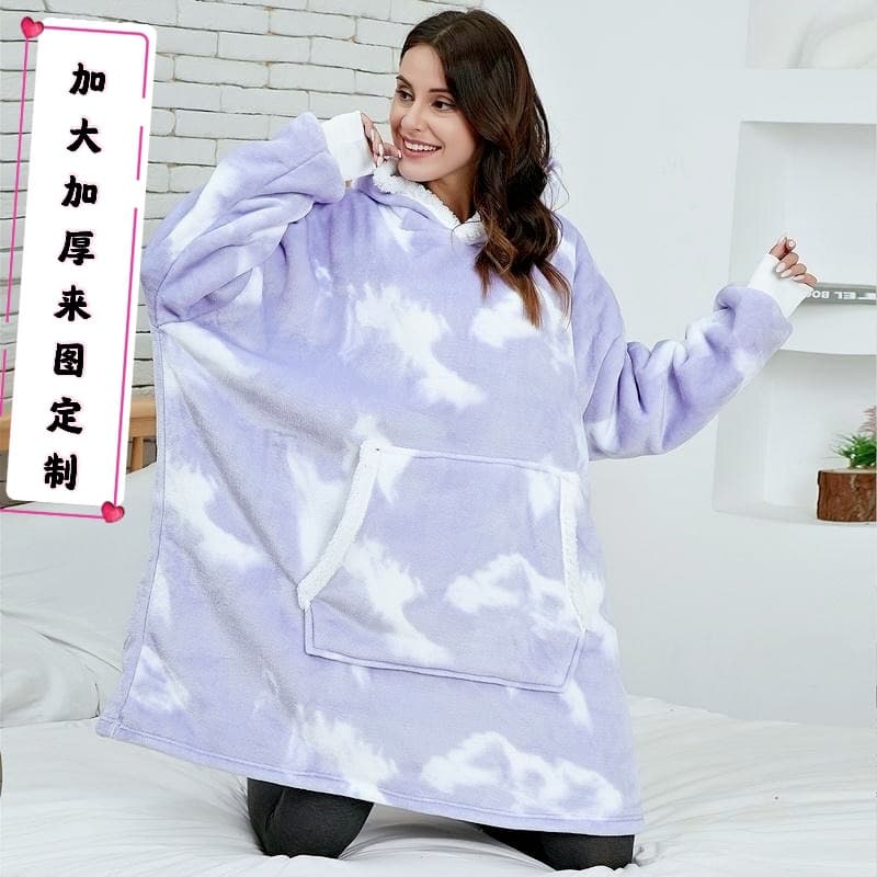 Cross-camera custom digital lazy-person clothing, extra-large hooded blanket for women, winter pullover, double-layer, wearable TV blanket.