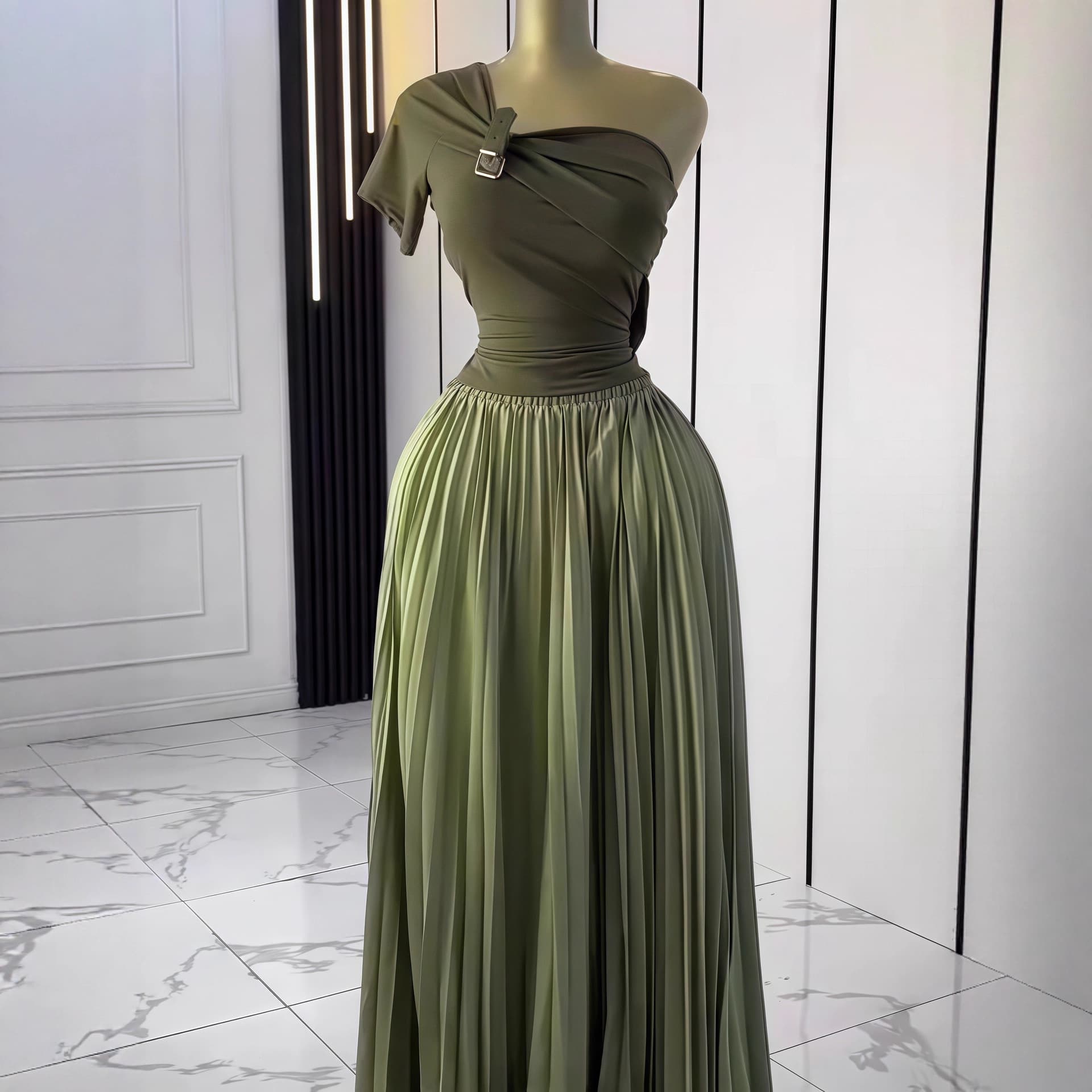 European and American Cross-Border Women's Fall 2025 New Solid Color Short Sleeve Strapless Asymmetrical Neckline Waist-Cinching Pleated Chic Two-Piece Set