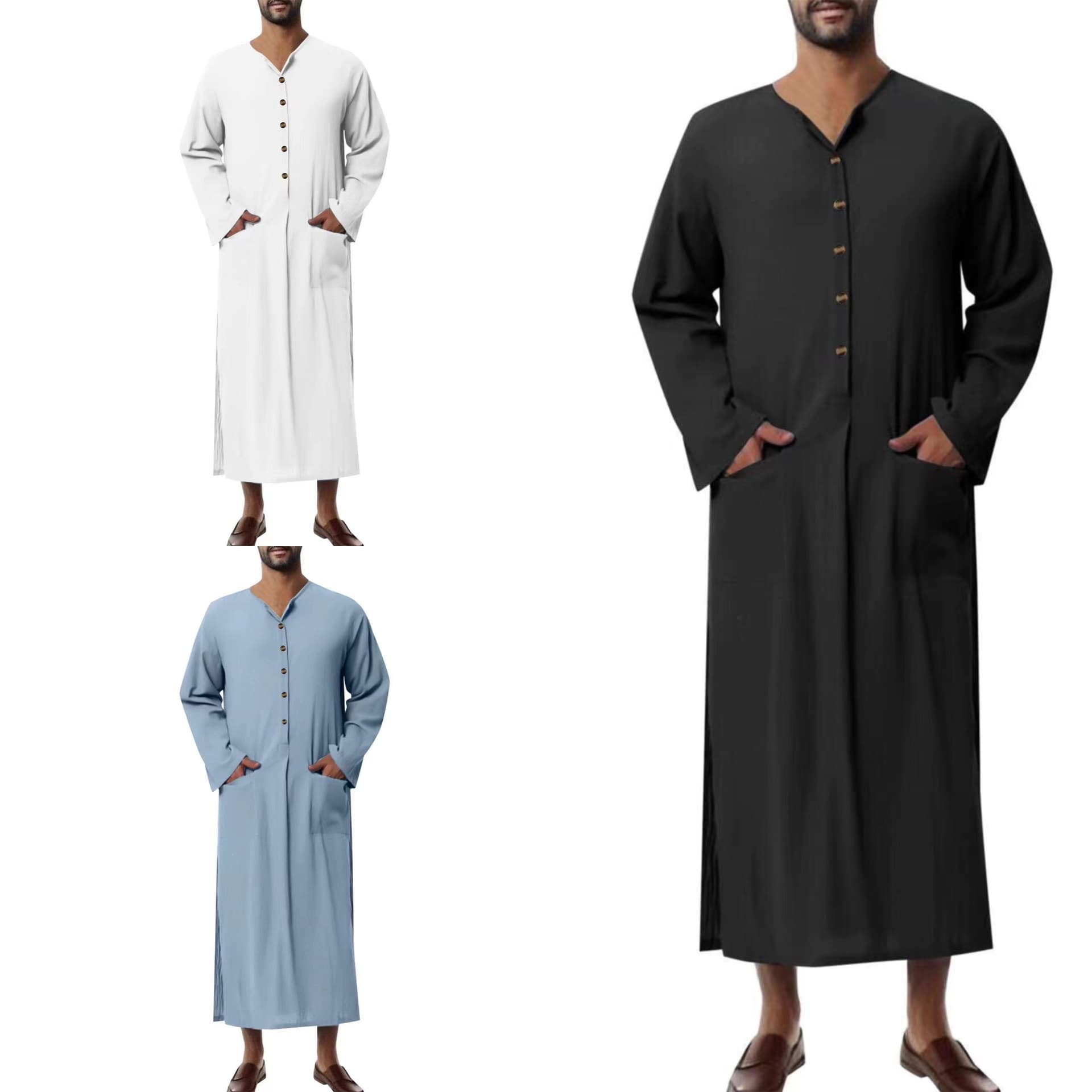 Cross-Border Muslim Middle East Arab Malaysia Casual Button Solid Color Long Sleeve Pocket Loose Robe Men's Wear