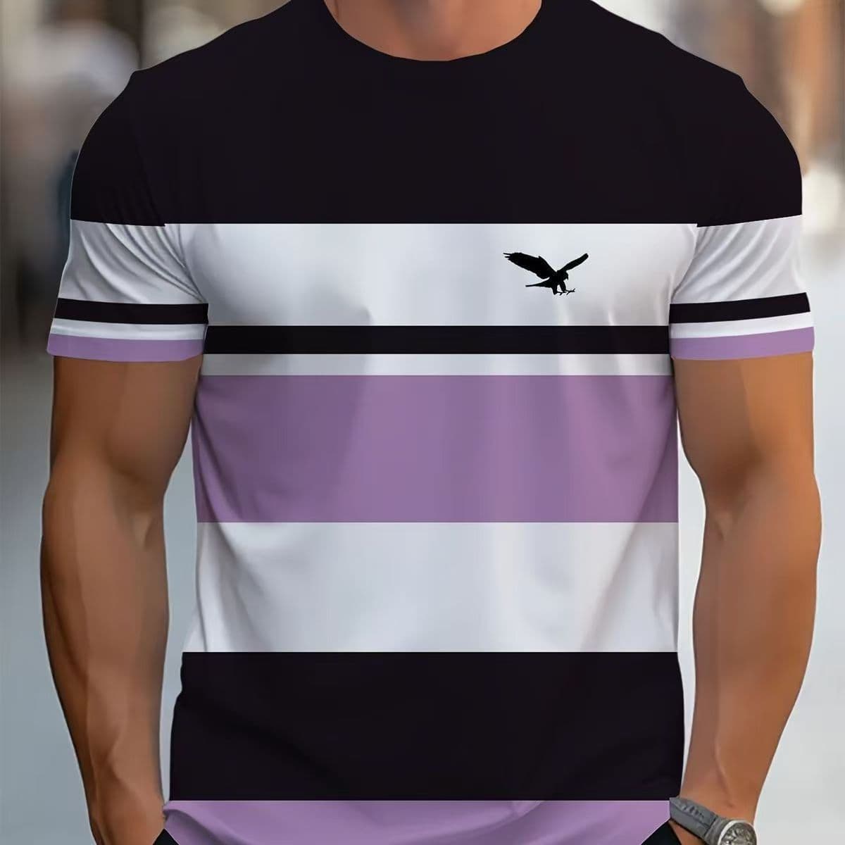 2026 New Foreign Trade Cross-Border European and American 3D Digital Printing Color Stripes Men's Casual Comfortable Loose Short Sleeves
