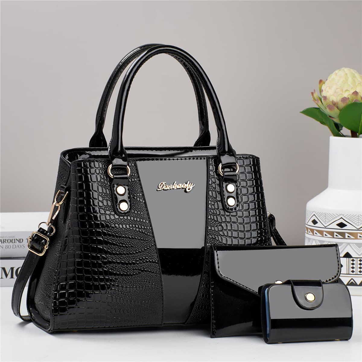 New Crocodile Texture Patchwork Women's Large Tote Bag with Detachable Pouch, Crossbody Shoulder Handbag, 3-Piece Set