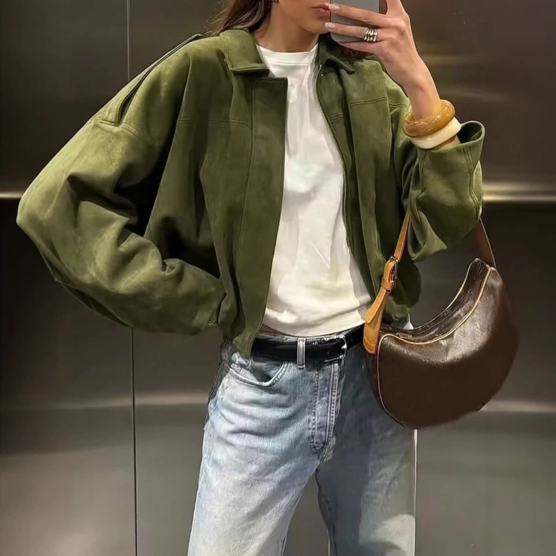 Women's Bomber Jacket Coat Loose Long Sleeve Zipper Retro Ladies European and American Style Cross-Border Supply