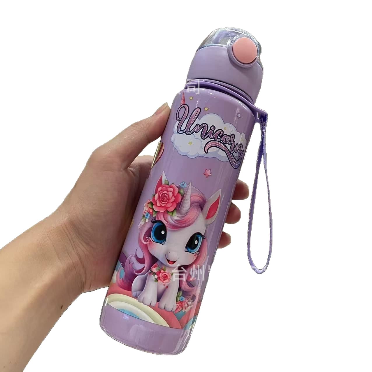 TEMU/SHEIN Best-selling Cartoon Unicorn Pattern Plastic Water Cup with Carry Strap Outdoor Sports Straw Cup