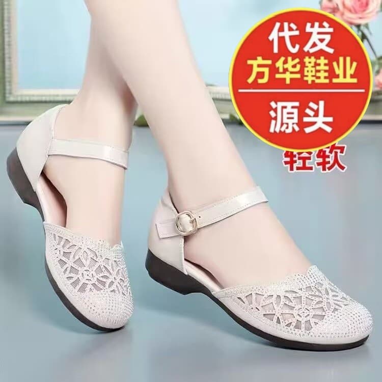 Summer Mid-Aged Mom Sandals Closed Toe Mesh Flats for Women Flat Mid-Aged and Elderly Soft Sole Cowhide Sole Women's Shoes Large Size