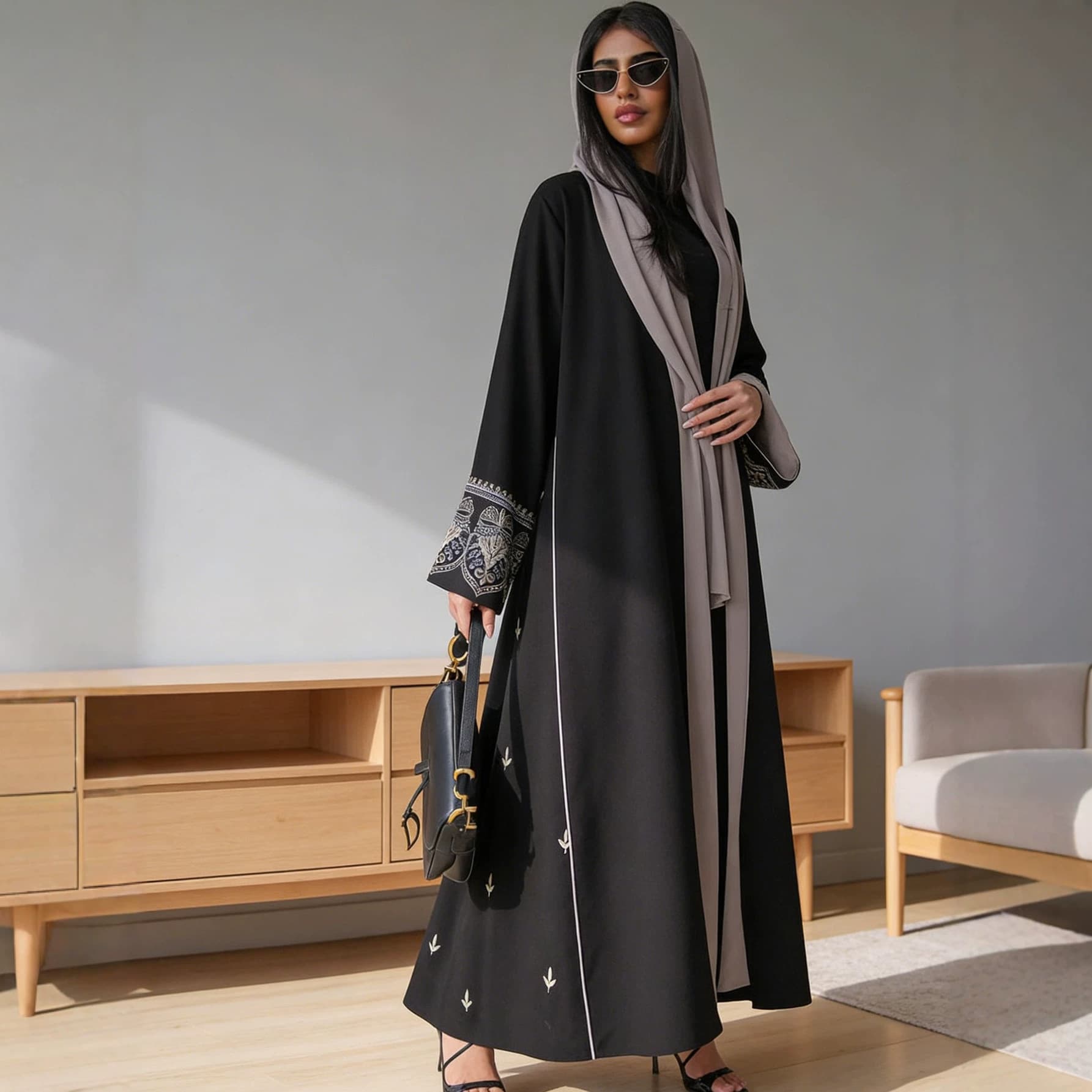 Cross-border hot selling 2026 new embroidered women's clothing fashionable and elegant black robe cardigan dress embroidered outer cover