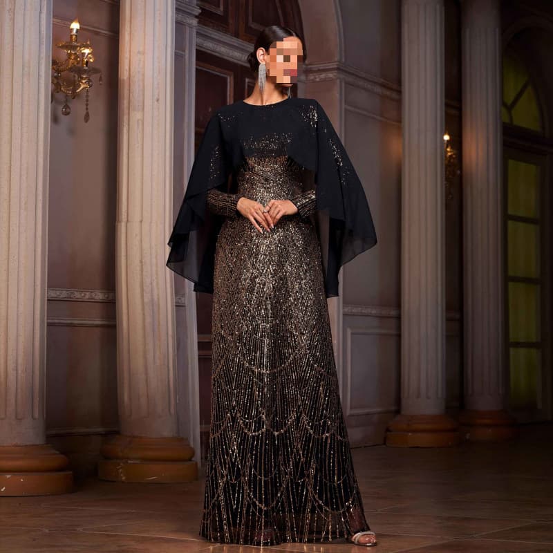 Cross-border European and American Women's New High-end Long-sleeve Round Neck Cape Sequin Hem Evening Gown Dress