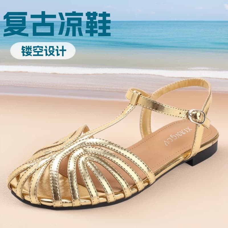 Vintage Hollow Toe T-Strap Flat Sandals Summer Fashion One-Buckle Outdoor Travel Beach Shoes M2066-2