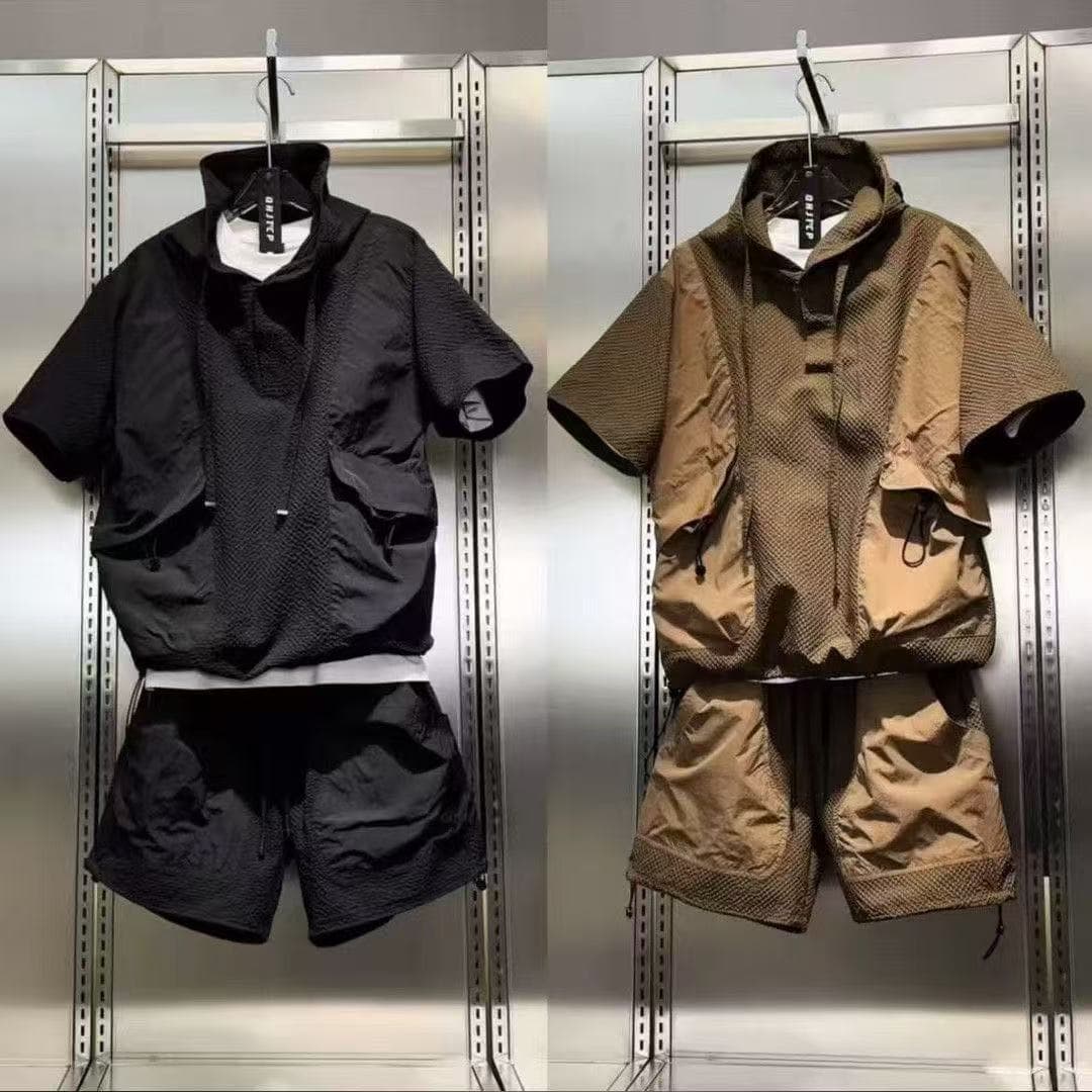 Summer new men's fashion thin trendy short-sleeved casual two-piece suit spliced hooded men's shorts