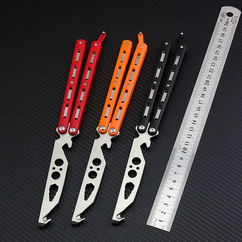Available from stock, unedged butterfly practice knife with plastic handle, butterfly stainless steel folding knife, multi-functional swing knife