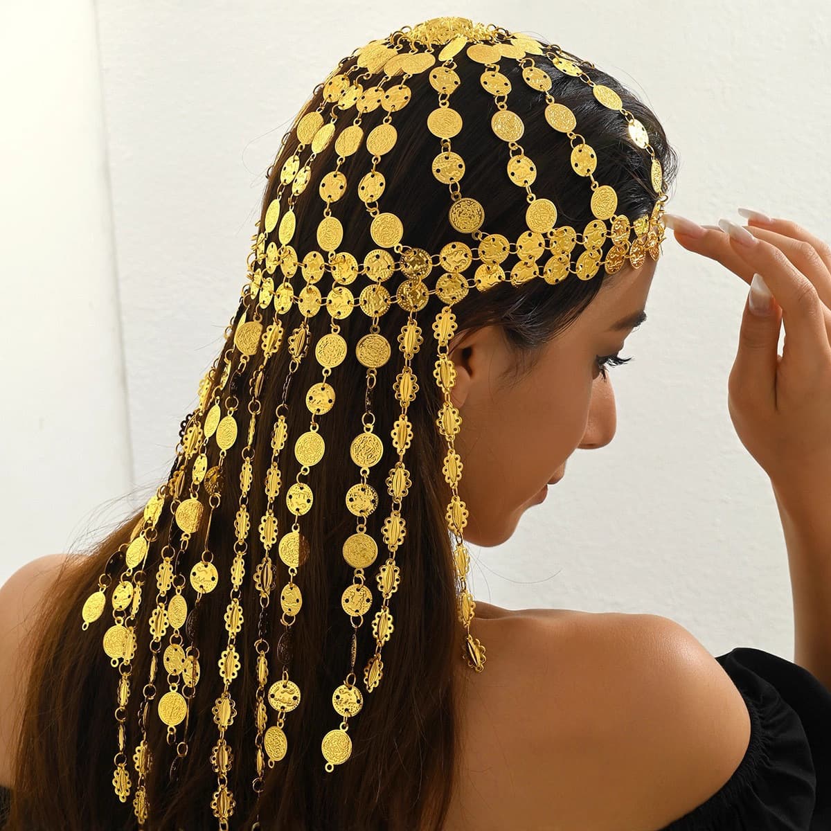 Cross-border European and American gold hats, headwear, handmade coin tassel hair accessories, retro exaggerated long hair chains, Dubai