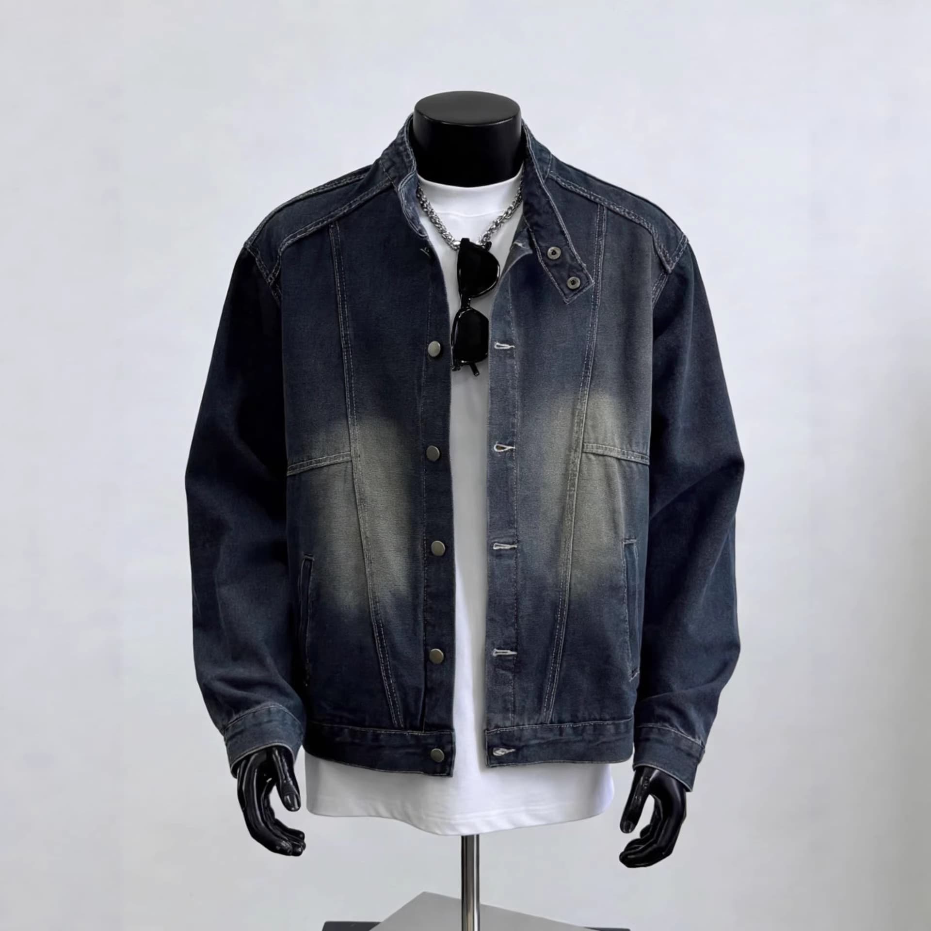 Spring/Autumn Korean Style Versatile Vintage Washed Long-Sleeve Stand Collar Single-Breasted Denim Jacket for Men, Loose Fit Casual Coat