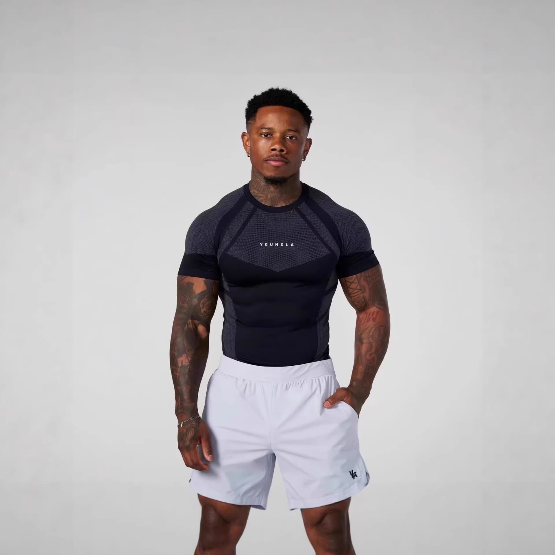 YOUNGLA men's T-shirt sports muscle fitness tights jogging outdoor quick-drying breathable stretch short-sleeved tops