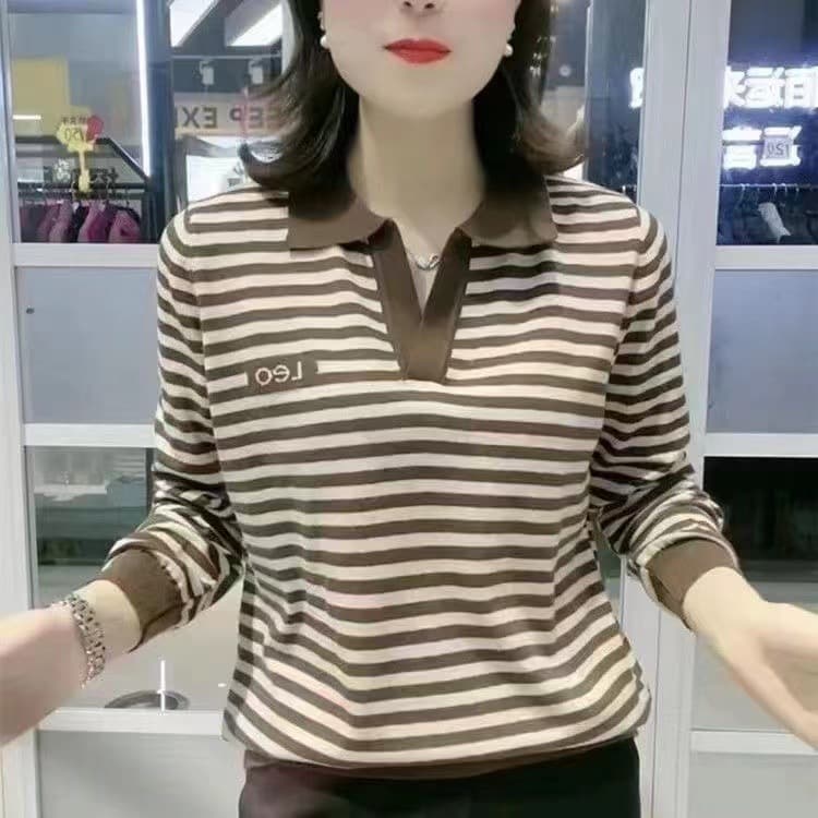 Long Sleeve Turn-down Collar Polo Shirt for Women Fashionable Versatile Mid-aged Mom Spring Autumn Seasonal Stylish Top