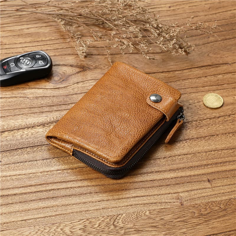 Men's Short Genuine Leather Wallet, Vegetable-Tanned Top-Grain Cowhide, Casual Vertical Billfold for Young Students, Horizontal Leather Wallet with Buckle
