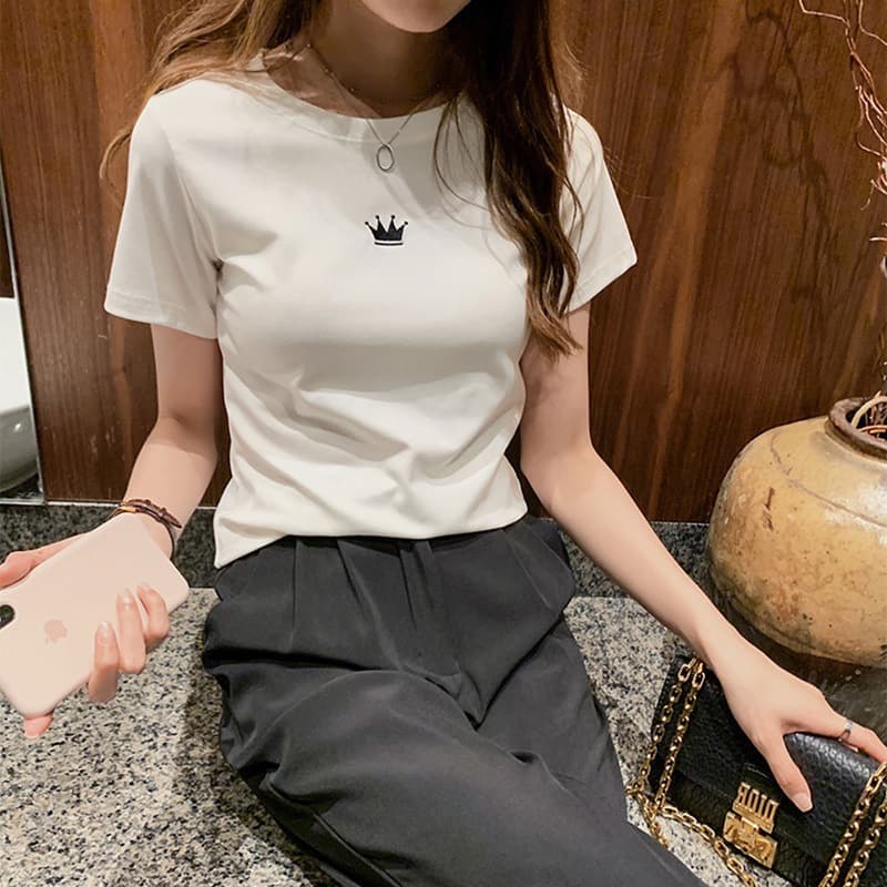 Wholesale 2026 Summer New Style Crown Embroidery Clothing Student Slim-Fit Short-Sleeve T-Shirt for Women Korean Style Loose Black and White