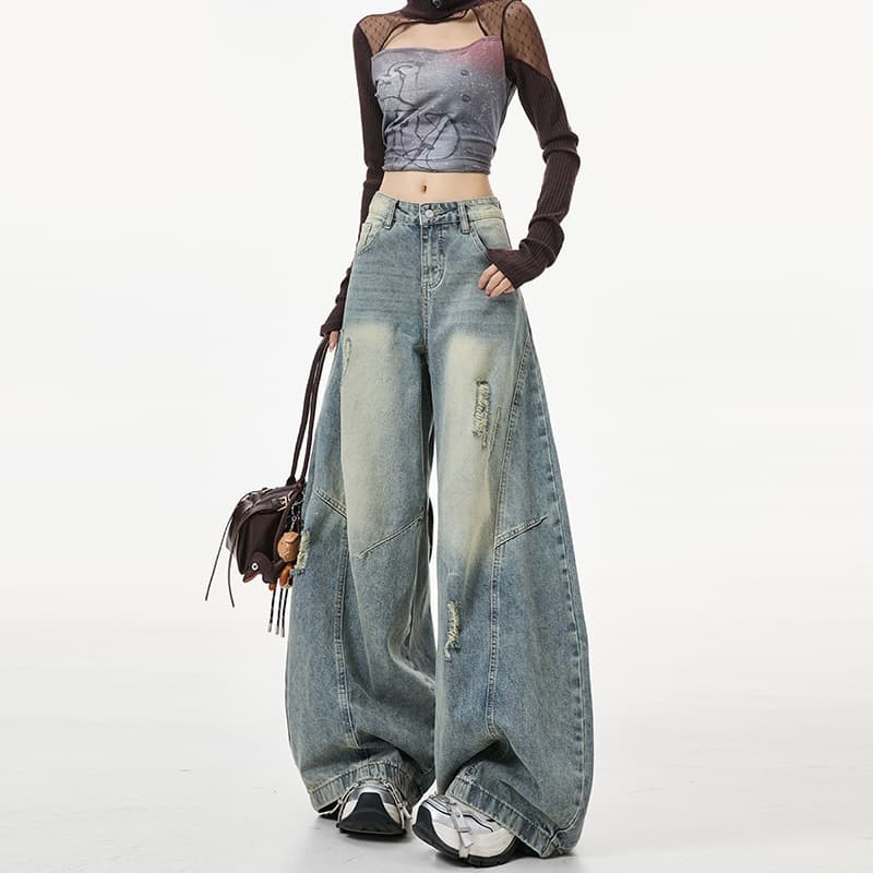 2026 American Style Retro Distressed Curved Knife Jeans Women Trendy Versatile New Loose Wide Leg Women's Jeans