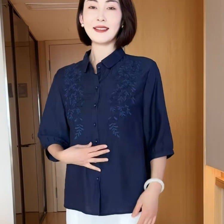 Mother's Summer 7/10 Sleeve Cotton Linen Blouse Fashionable Middle-aged and Elderly Women's Spring and Summer Stylish Slim Fit Top T-shirt