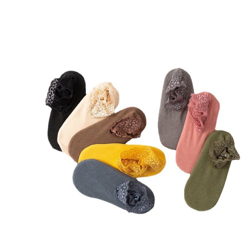Women's Boat Socks, De Velvet Autumn/Winter Warm Mid-Calf Silicone Anti-Slip Thickened Lace Edge Winter Floor Socks