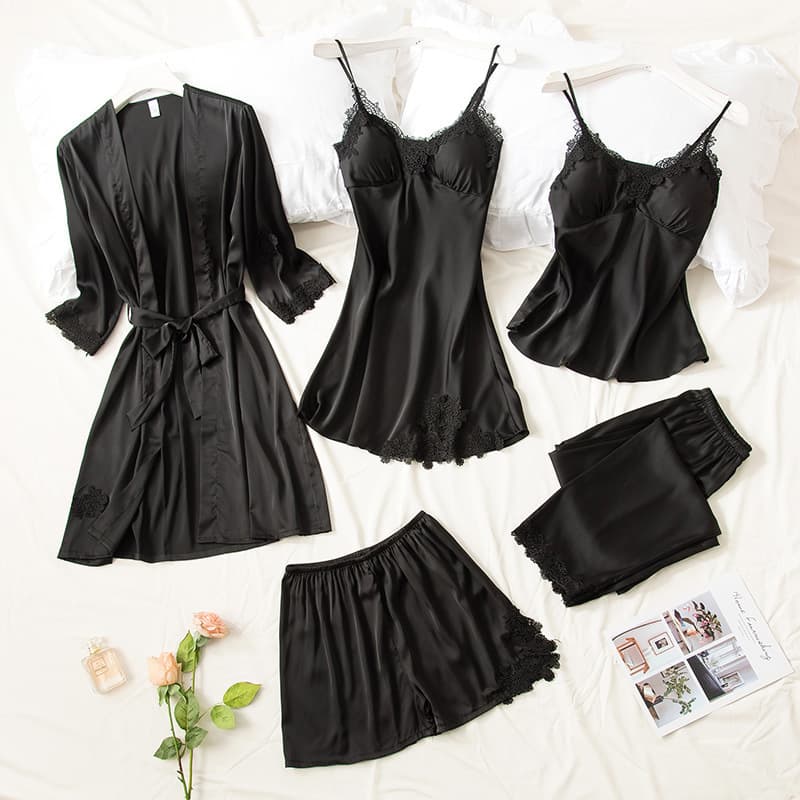 Women's Sleepwear Set Silk-Like Strap Nightgown Shorts Home Clothes Chest Pad Included V-Neck Long Sleeve Lightweight Set