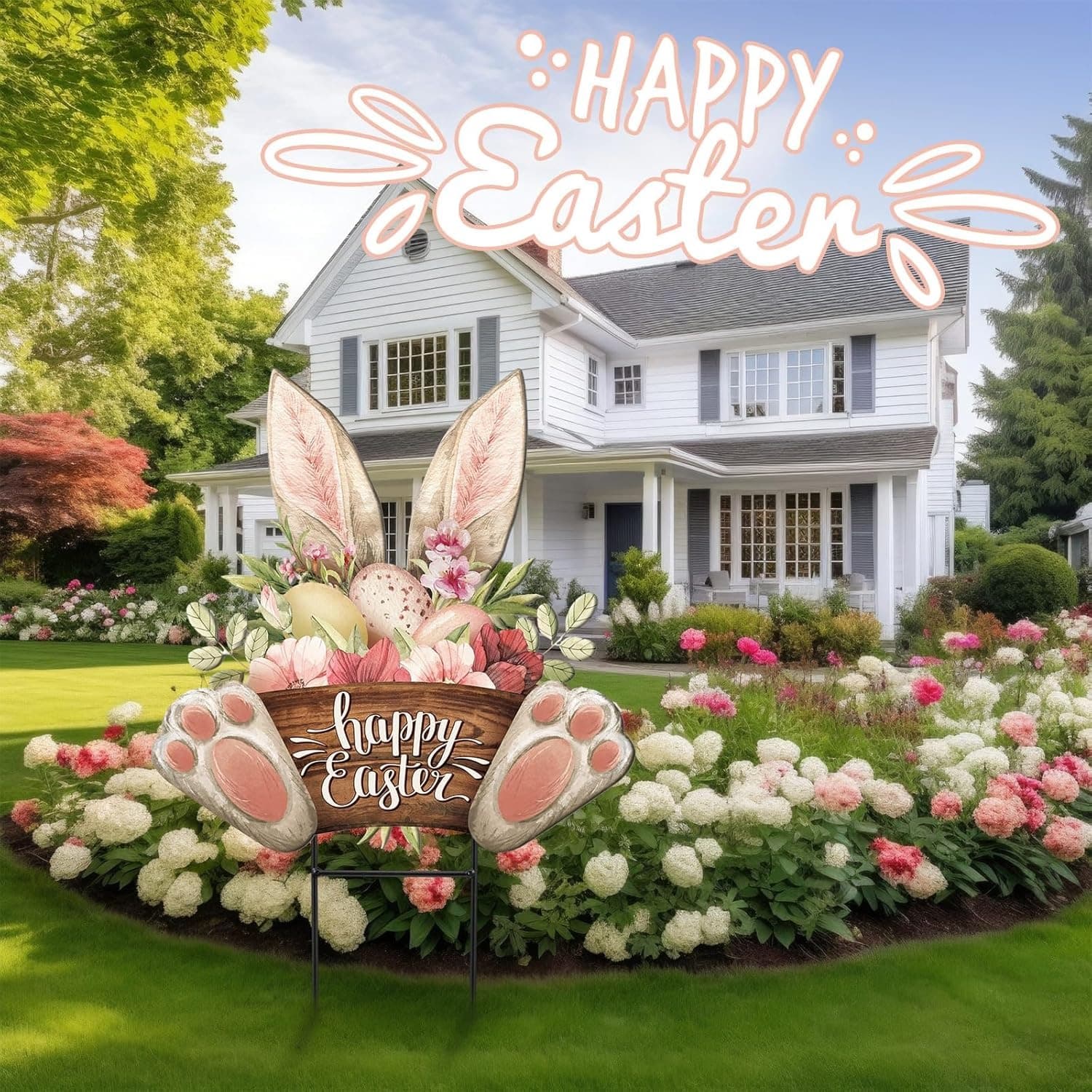 Easter Happy Outdoor Decoration Rabbit Metal Garden Stake 25 Inch Welcome Yard Sign