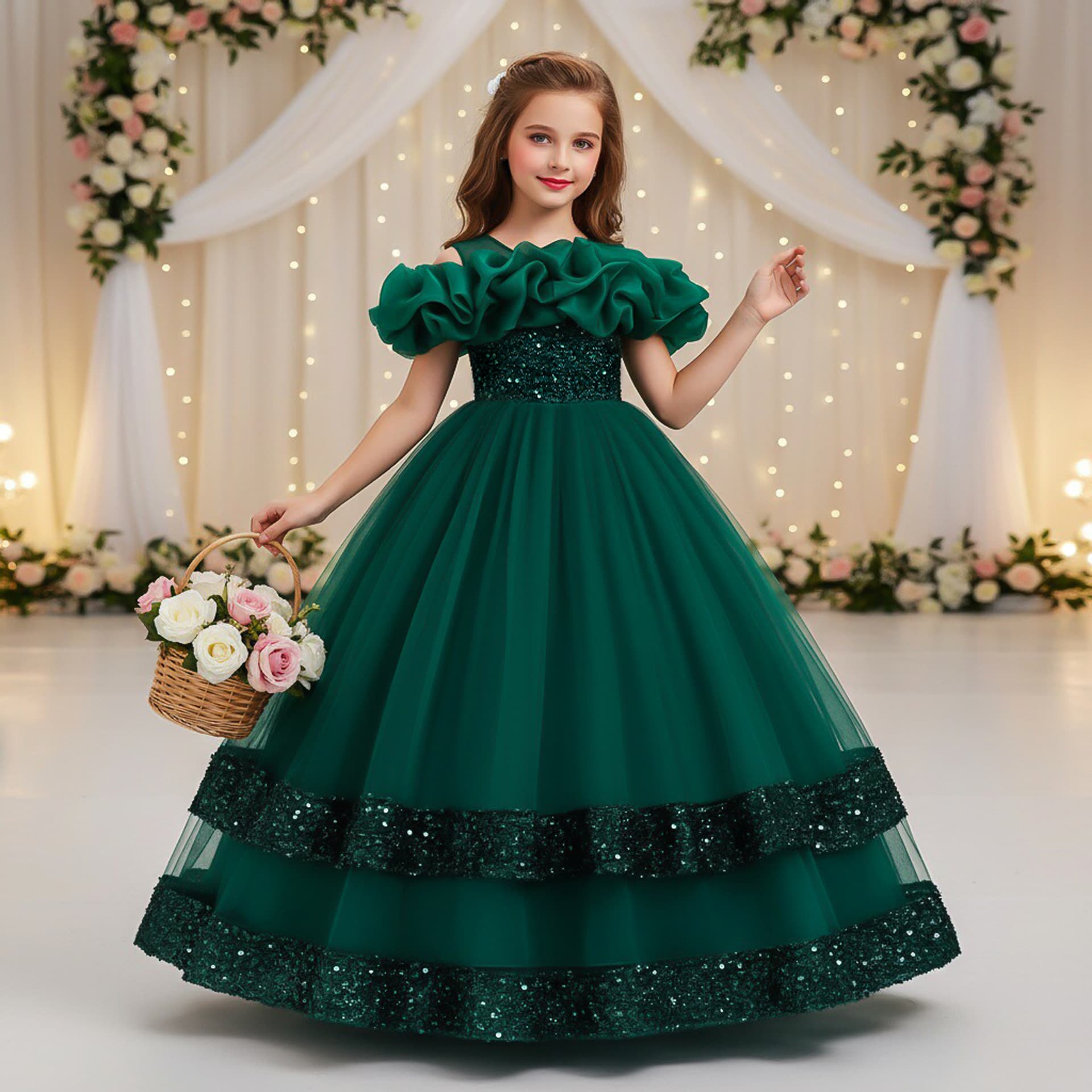 New Cross-Border Girls' Long Dress Flower Girl Wedding Gown One-Shoulder Shirred Mesh Sequin Princess Dress Piano Performance Costume