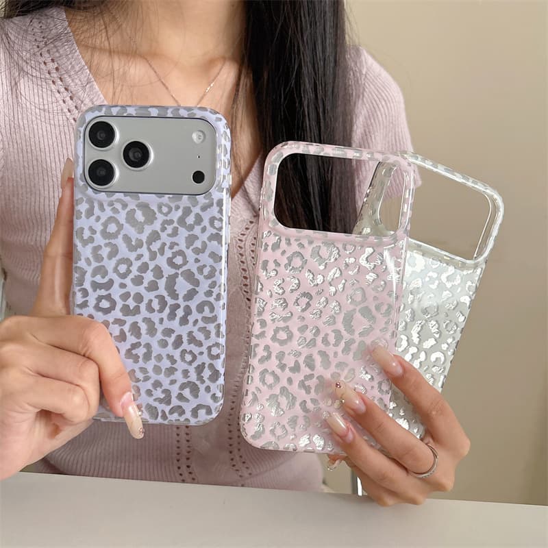 Korean-style foil leopard print phone case for iPhone 17 Pro Max, Apple 16 Pro, 15, dual-layer 14 premium look
