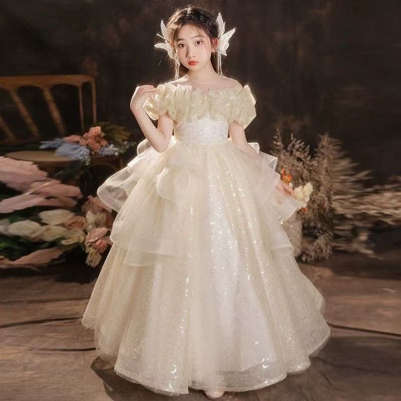 Girls' Formal Dress Princess Gown Yellow Birthday High-End Light Luxury Niche Host Stunning Girls' Piano Performance Recital