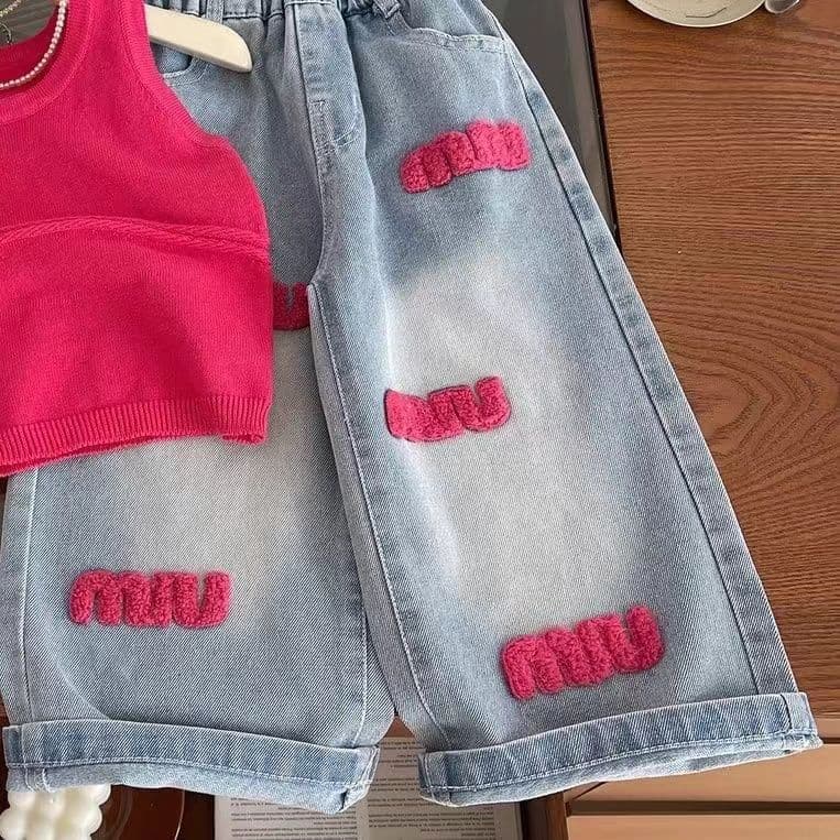 2025 New Korean Style Girls Summer Set Baby Knit Camisole Top and Denim Shorts Two-Piece Children's Summer Outfit