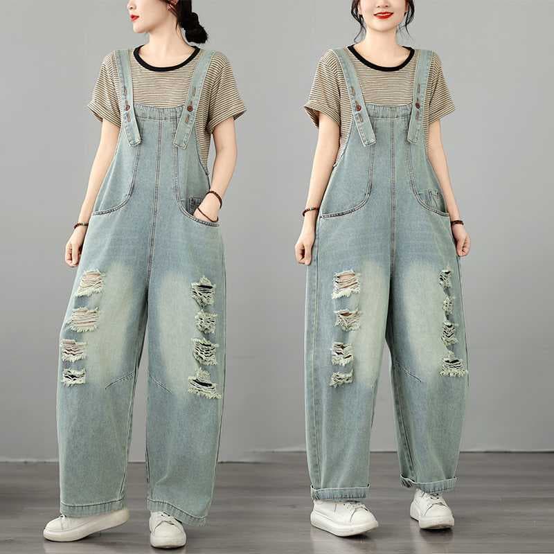 2026 early autumn new Korean style plus size fat sister ripped denim suspenders ripped harem pants