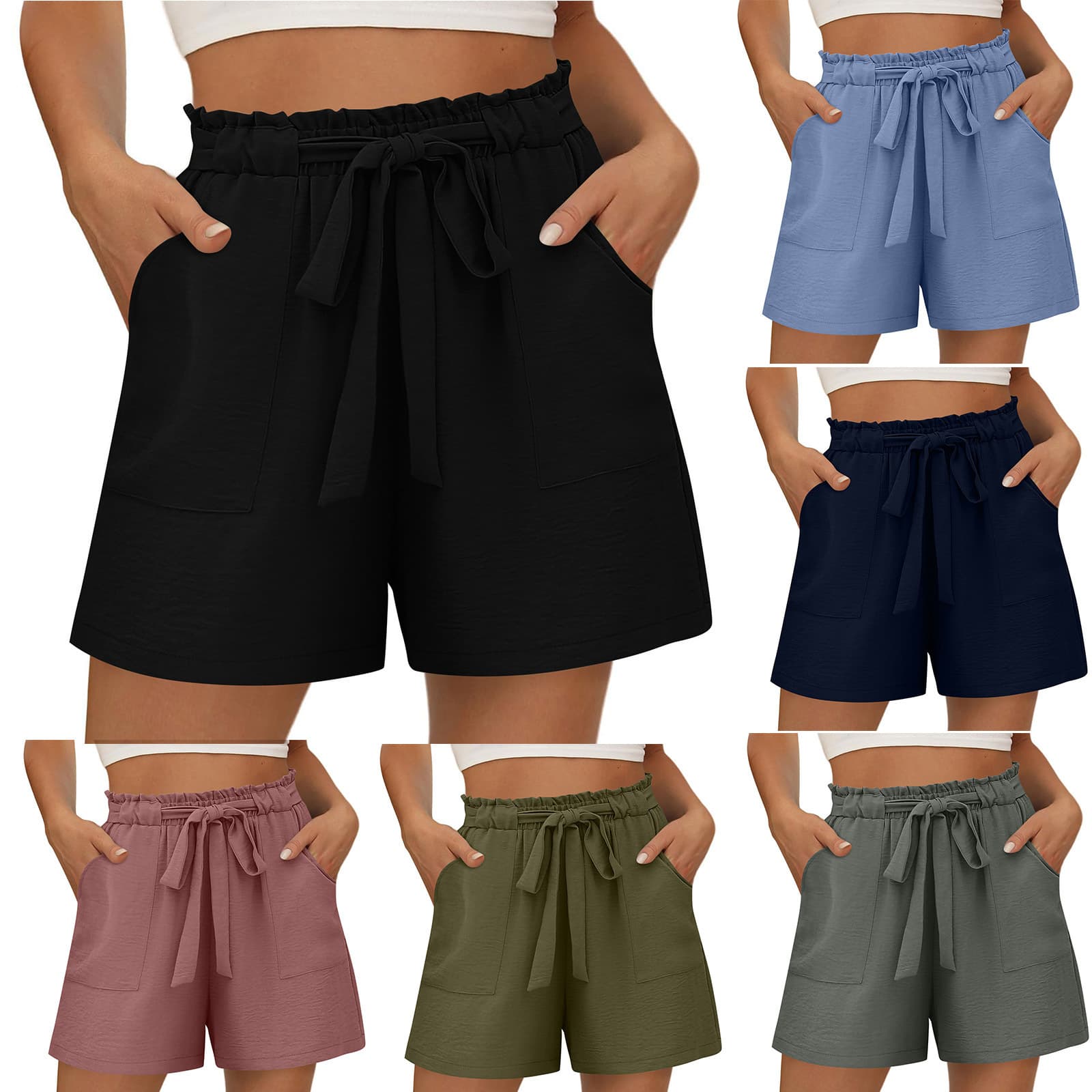 Amazon Cross-Border Elastic Drawstring Loose Casual Pants 2025 Summer Cotton Linen Pocket Wide Leg Shorts Women
