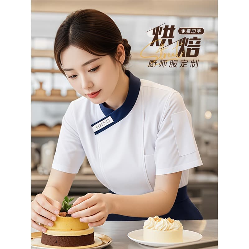 Trendy Chef Coat Short Sleeve Women's Summer Lightweight Restaurant Kitchen Workwear 3-Piece Set Hotel Kitchen Uniform Set