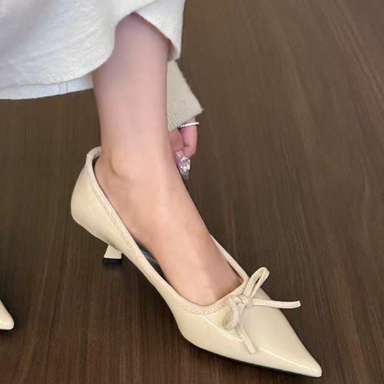Gentle Style Beige Bow High-Heeled Shoes for Women 2025 New Summer and Autumn Kitten Heel Socialite Party Shoes